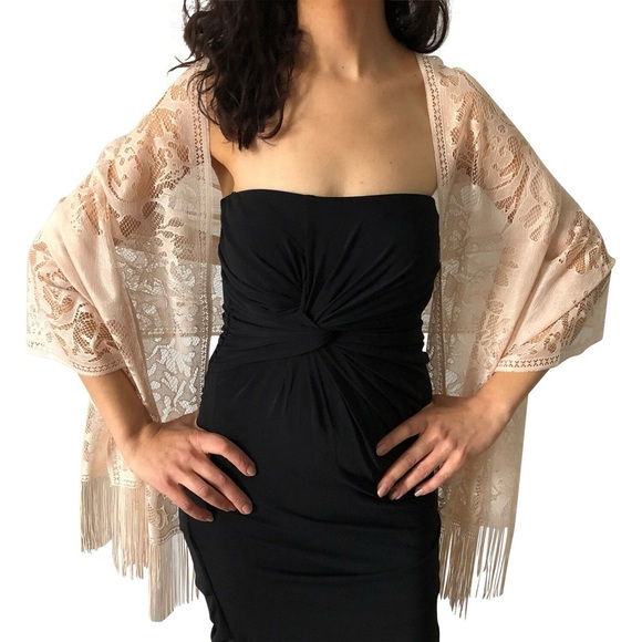 Vintage Accessories - Gold Lace Knit Shawl with Asymmetrical Design